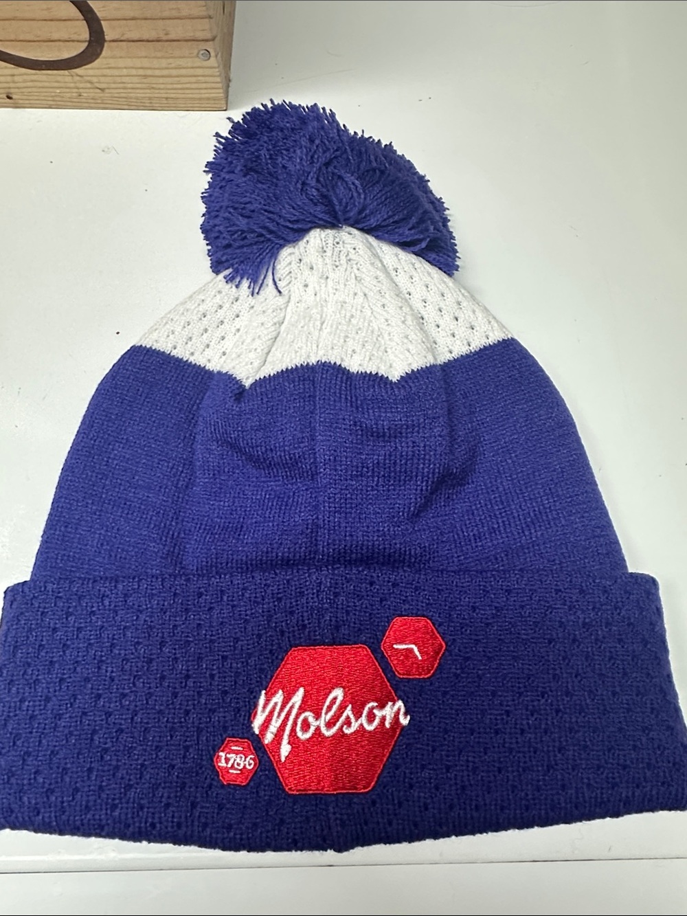 Molson Navy and White Stripe PWHL Knit Beanie with Red and white Molson logo